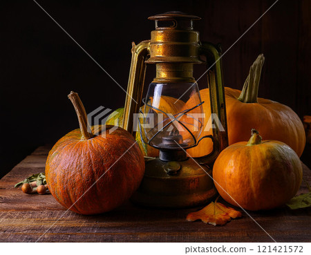 Autumn arrangement with pumpkins and rusty lantern. pumpkins on the old wooden background. AI Generated. Autumn arrangement with pumpkins and rusty lantern. pumpkins on the old wooden background. AI Generated. 121421572