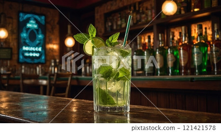 A tall glass of mojito showcases fresh mint and lime, placed on the bar counter amidst a cozy atmosphere with soft lighting. A tall glass of mojito showcases fresh mint and lime, placed on the bar counter amidst a cozy atmosphere with soft lighting. 121421578