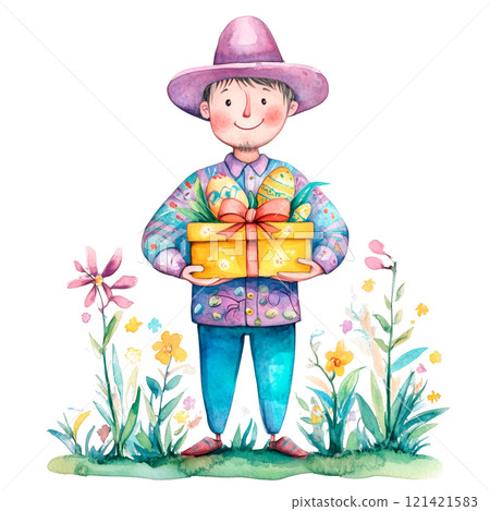 A charming watercolor illustration of a cheerful boy holding a colorful gift box decorated with floral and festive patterns. Vibrant design conveys a sense of joy, set against transparent background. 121421583