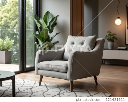 A stylish gray armchair sits in a contemporary living room filled with natural light and indoor plants, creating a serene atmosphere. 121421611