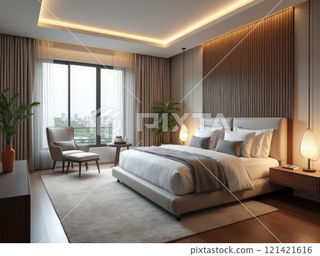 A contemporary bedroom features a large bed, stylish chair, and soft lighting, offering a peaceful atmosphere and city view. A contemporary bedroom features a large bed, stylish chair, and soft lighting, offering a peaceful atmosphere and city view. 121421616