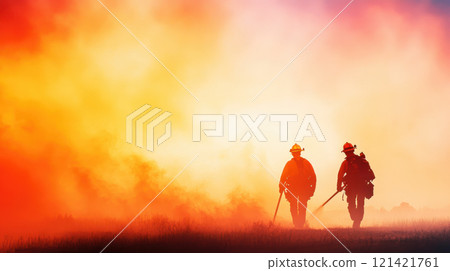 Firefighters battling wildfire in rural area, showcasing bravery and determination amidst smoke and flames. Their silhouettes stand out against vibrant backdrop. Disaster Relief Efforts concept 121421761