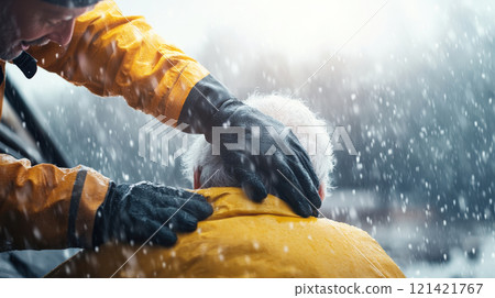 Rescuers guiding elderly person to safety through snowstorm, showcasing compassion and urgency in challenging environment. scene captures essence of human kindness. Disaster Relief Efforts concept 121421767