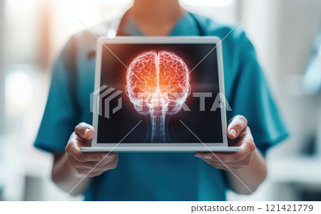 healthcare professional in scrubs holds tablet displaying brain scan, showcasing advanced medical technology and AI assisted diagnostics. Healthcare Advancements concept healthcare professional in scrubs holds tablet displaying brain scan, showcasing advanced medical technology and AI assisted diagnostics. Healthcare Advancements concept 121421779