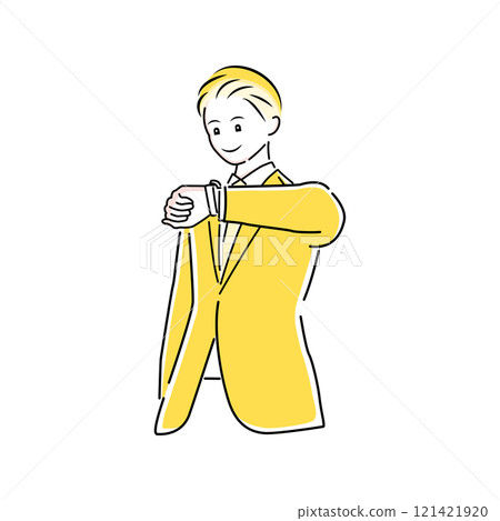 Illustration of a businessman checking the time on his watch 121421920