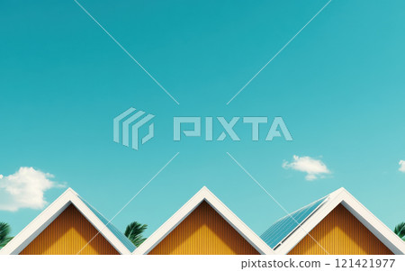 Modern roofing with solar panels under clear blue sky, showcasing sustainable architecture and vibrant design.  Green Building Materials concept 121421977