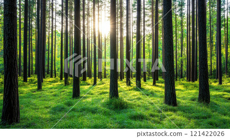 vibrant forest with sunlight streaming through tall trees, creating serene atmosphere. lush green grass adds to beauty of nature. Environmental Protection Policy concept 121422026