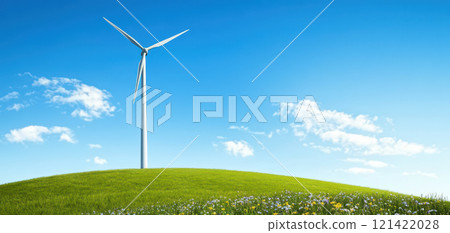 wind turbine stands tall on green hill under vivid blue sky, surrounded by colorful flowers, creating serene and eco friendly landscape. Environmental Protection Policy concept 121422028