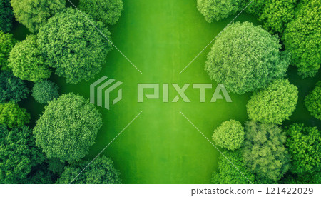 Aerial view of lush green park with diverse trees and vibrant foliage, creating serene and peaceful atmosphere. Environmental Protection Policy concept 121422029