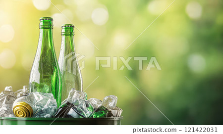Recycling green glass bottles in bin filled with ice and crushed glass, promoting eco friendliness and sustainability. Environmental Protection Policy concept 121422031