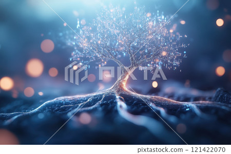 cybernetic tree of life with glowing roots and digital elements, symbolizing connection and growth in futuristic landscape 121422070