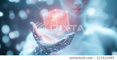 futuristic AI figure holding glowing cube, symbolizing technology and innovation. scene is vibrant and captivating, evoking sense of wonder. AI Ethics concept 121422095