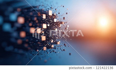 Digital particles dispersing in futuristic environment, creating sense of motion and depth. warm glow of sunset enhances visual appeal Digital particles dispersing in futuristic environment, creating sense of motion and depth. warm glow of sunset enhances visual appeal 121422136