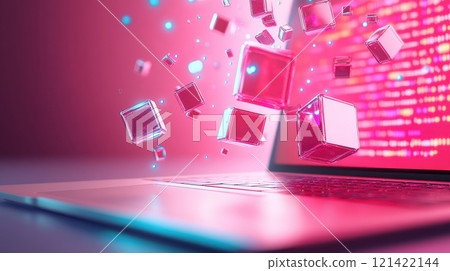 3D text blocks emerging from laptop screen, vibrant colors, digital concept, technology, innovation, data visualization, modern design, abstract art, creative background 121422144