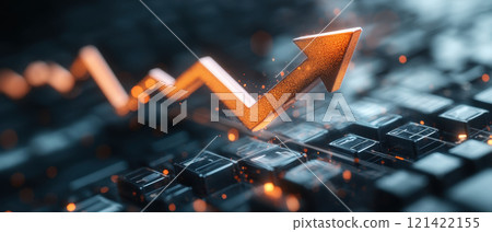 Increasing trend represented by arrow on keyboard, symbolizing growth and progress in digital finance Increasing trend represented by arrow on keyboard, symbolizing growth and progress in digital finance 121422155