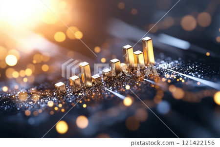 Visualize fluctuating data represented as golden 3D bars on sparkling surface, evoking sense of growth and potential Visualize fluctuating data represented as golden 3D bars on sparkling surface, evoking sense of growth and potential 121422156