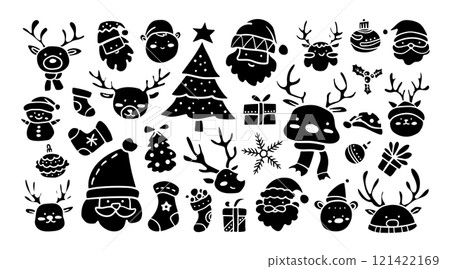 Set of isolated Santa Claus and Reindeers in cute doodle hand-drawn minimal style on a transparent background. Volume 1: Black silhouette style. Set of isolated Santa Claus and Reindeers in cute doodle hand-drawn minimal style on a transparent background. Volume 1: Black silhouette style. 121422169