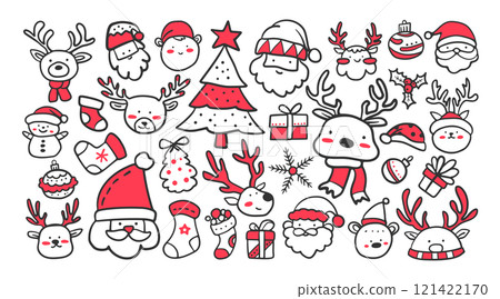 Set of isolated Santa Claus and Reindeers in cute doodle hand-drawn minimal style on a transparent background. Volume 1: Vivid red, white and black color tones. 121422170