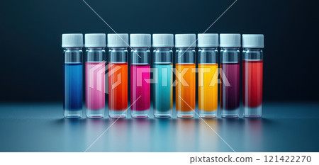 Colorful test tubes filled with vibrant liquids arranged in row, showcasing spectrum of hues. transparent tubes create striking visual effect against dark background 121422270