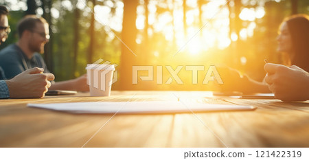 Collaborative team meeting outdoors, discussing strategies with coffee. warm sunlight creates positive atmosphere for brainstorming and teamwork 121422319