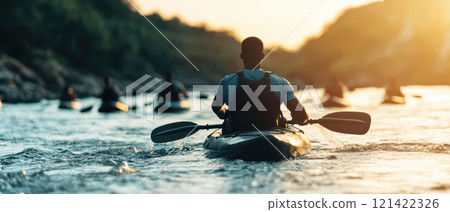 group of Black adventurers kayaking down rushing river at sunset, showcasing teamwork and adventure in nature. scene captures thrill of outdoor exploration 121422326