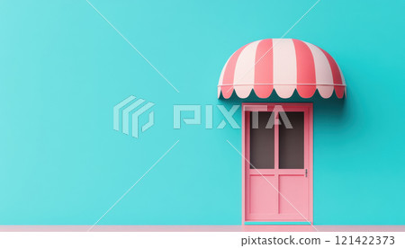 vibrant storefront with pink door and striped umbrella awning against turquoise wall creates cheerful atmosphere 121422373