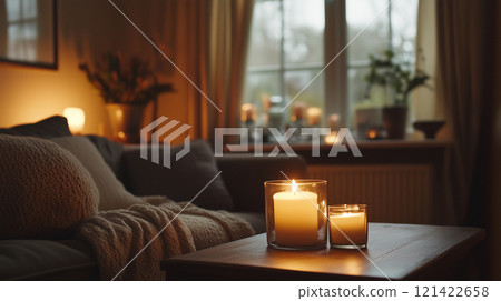舒適溫馨的客廳配有寬敞的沙發和燭光照亮的木桌。 121422658