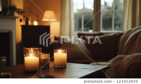 舒適溫馨的客廳配有寬敞的沙發和燭光照亮的木桌。 121422659