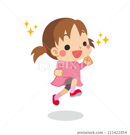 一個可愛的小女孩興奮地跳躍的插圖，全身，向量，白色背景，剪貼畫 121422854