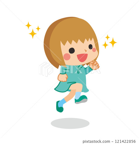 一個可愛的小女孩興奮地跳躍的插圖，全身，向量，白色背景，剪貼畫 121422856