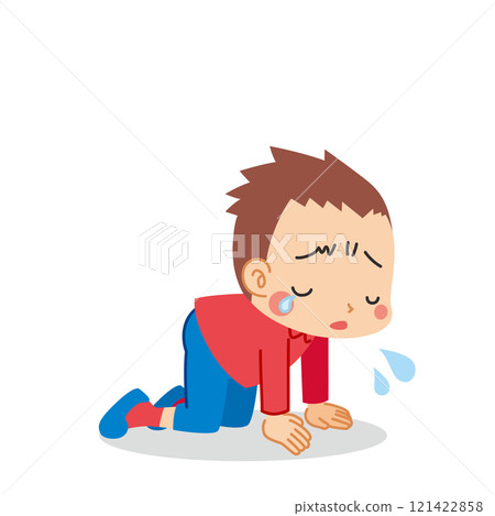 Illustration of a cute little boy kneeling and crying. Full body. Vector. White background. Clip art 121422858