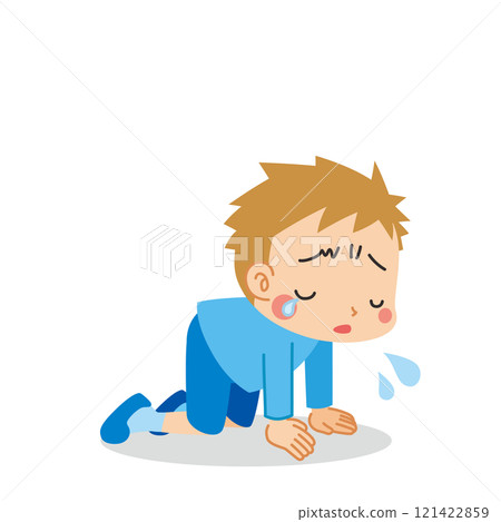 Illustration of a cute little boy kneeling and crying. Full body. Vector. White background. Clip art 121422859