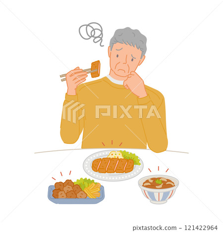 一位老人，很難吃油膩和油炸食物。 121422964