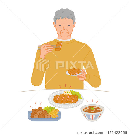 微笑的老人吃油膩的食物（獨居） 121422966