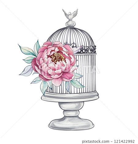 A beautifully crafted watercolor showcases a vintage birdcage, embellished with a vibrant peony and a graceful bird on top, evoking tranquility 121422992