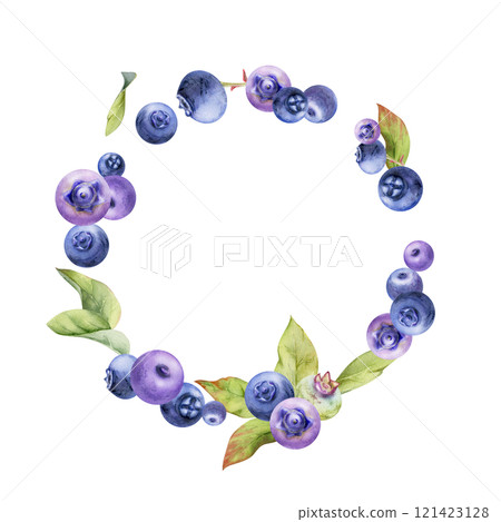 Blueberry blackberry, group of scattered ripe forest berry with drops and green leaves, hand drawn in watercolor. Wreath frame isolated illustration, for restaurant, cafe menu, wedding, farmers market 121423128