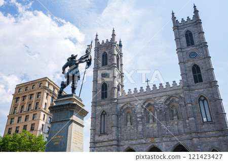 Notre-Dame Basilica, Maisonneuve Monument, Place d'Armes in Old Montreal. Montreal, Quebec, Canada. 121423427
