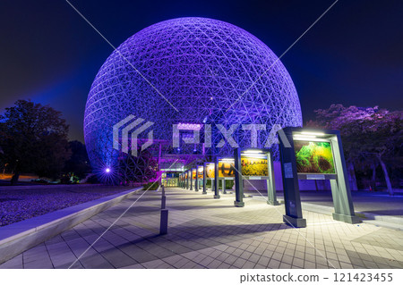 Montreal, Quebec, Canada - August 5 2021 : Montreal Biosphere illuminated at night. Jean-Drapeau Metro station. Jean-Drapeau park, Saint Helens Island. Montreal, Quebec, Canada - August 5 2021 : Montreal Biosphere illuminated at night. Jean-Drapeau Metro station. Jean-Drapeau park, Saint Helens Island. 121423455