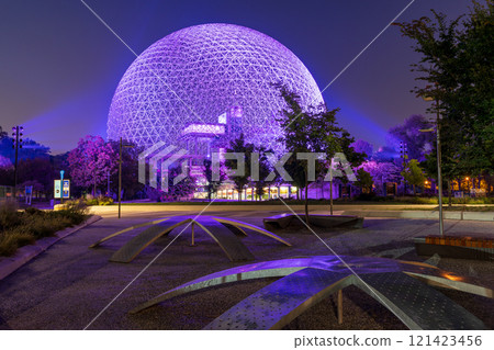 Montreal, Quebec, Canada - August 5 2021 : Montreal Biosphere illuminated at night. Jean-Drapeau park, Saint Helens Island. 121423456
