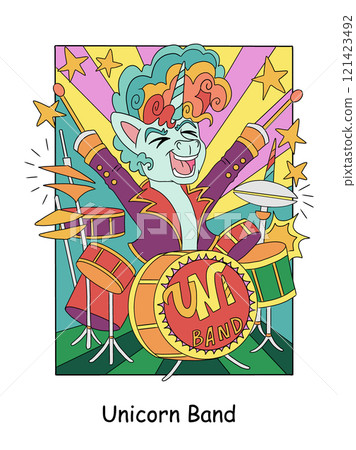 Cool rock music unicorn playing the drums kids illustration vector 121423492
