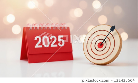 Red Desk Calendar With Target And Text 2025 On Blurred Background, Symbol Of New Beginning, Celebration And Goal Setting For The Next Year Red Desk Calendar With Target And Text 2025 On Blurred Background, Symbol Of New Beginning, Celebration And Goal Setting For The Next Year 121423504