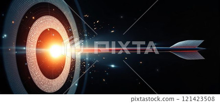 Arrow Hitting the Center of a Luminous Target, Symbol of Accuracy, Success and Focus 121423508