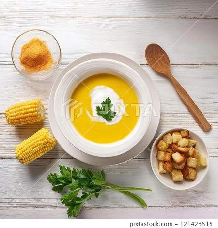 Corn soup on a wooden board 121423515