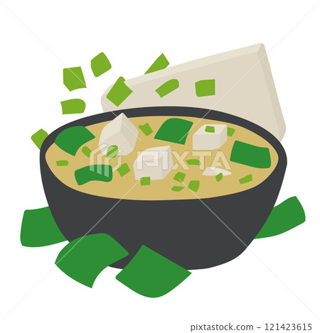 A Vector Illustration of Miso Soup in a Black Bowl with Tofu, Wakame Seaweed, and Spring Onions 121423615