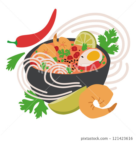 A Vector Illustration of Laksa Soup in a Black Bowl with Shrimp, Noodles, Egg, Lime, and Fresh Herbs A Vector Illustration of Laksa Soup in a Black Bowl with Shrimp, Noodles, Egg, Lime, and Fresh Herbs 121423616