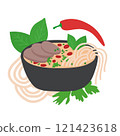 A Vector Illustration of Bun Bo Hue Soup in a Black Bowl with Noodles, Meat, Herbs, and Chili 121423618