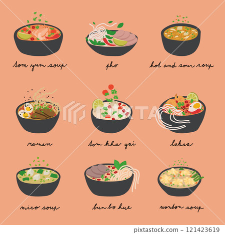 Asian Soups: Tom Yum, Pho, Hot and Sour, Ramen, Tom Kha Gai, Laksa, Miso, Bun Bo Hue, and Wonton Soup Asian Soups: Tom Yum, Pho, Hot and Sour, Ramen, Tom Kha Gai, Laksa, Miso, Bun Bo Hue, and Wonton Soup 121423619