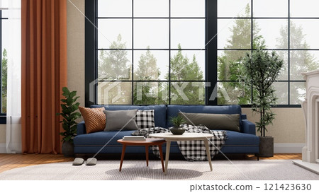 A cozy living room featuring a blue sofa, decorative pillows, a coffee table, and large windows that invite natural light and greenery indoors. 3D rendering 121423630