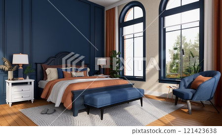 3D rendering of A modern bedroom with blue walls, a cozy bed with orange accents, stylish furniture, and large windows allowing natural light. 121423638