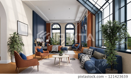 A bright, modern living room with large windows, stylish furniture, and indoor plants, creating a warm and inviting atmosphere. 3D rendering 121423639